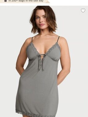 Victoria's Secret Gray Lace-Trim Slip Chemise with Front Tie
